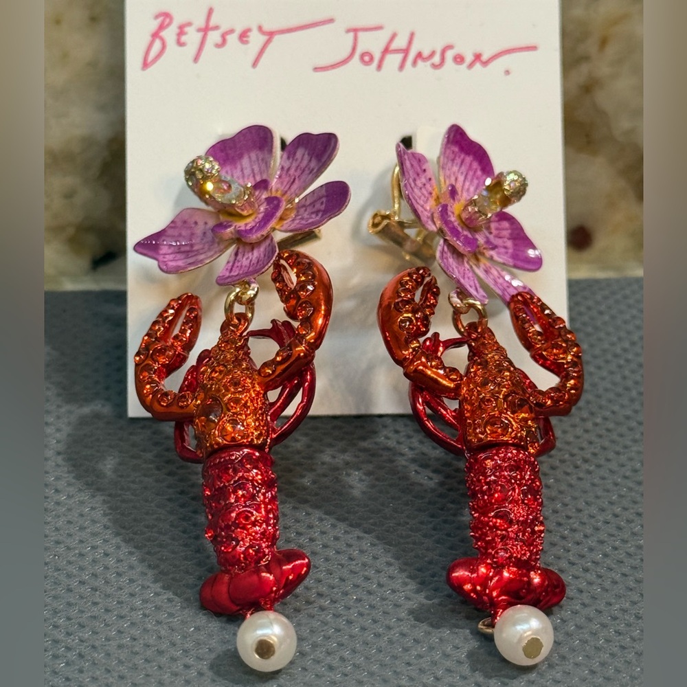 NWT! Betsy Johnson Lobster Orchid mermaid Collection Earrings Pearl Rhinestones